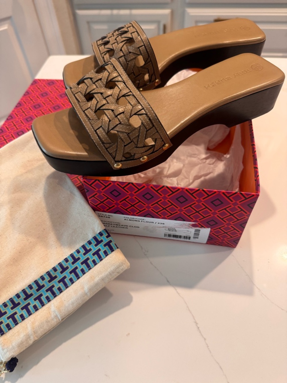 Tory Burch Woven Leather Slide Sandals in Tan